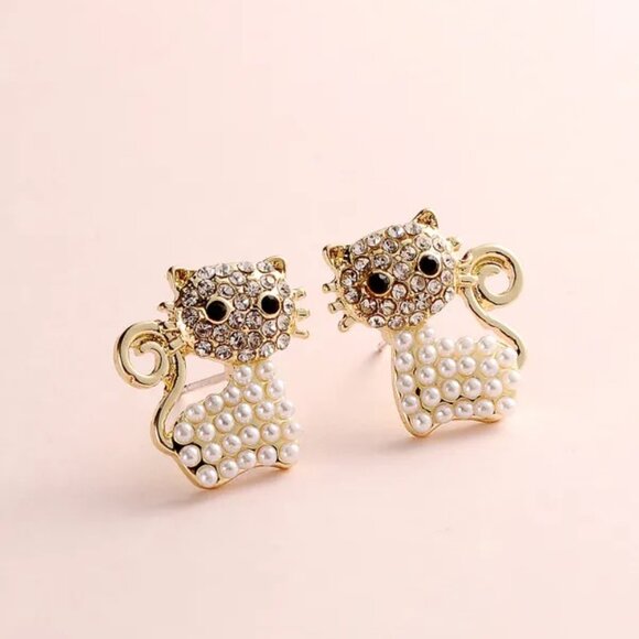 3/$35 Gold Cat Stud Earrings Pearl & Rhinestone Kitty Cute Animal Jewelry - Picture 4 of 6